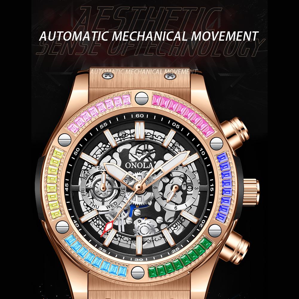 Classic Luxury Watch for Menes Multifunction Sports Waterproof Luminous Casual Clock Men Automatic Mechanical Skeleton Watches Rainbow Diamond