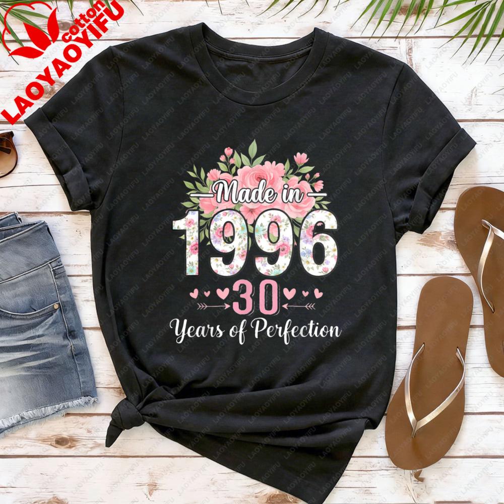 Сделано в 1996 году Футболка на 30-й День Рождения для Женщин Цветочный Дизайн Хлопок Короткий Рукав Повседневный Летний Топ Подарок для Нее Модная Футболка