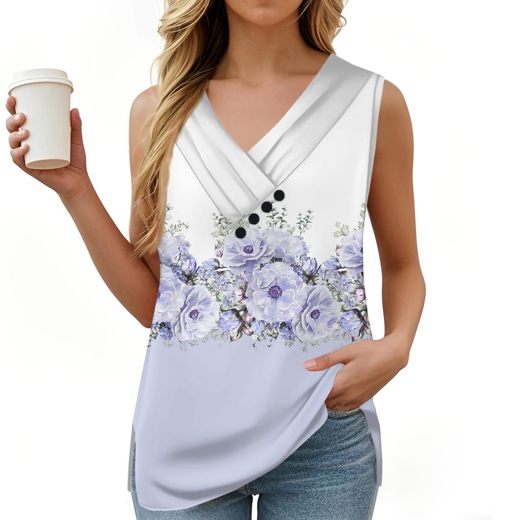 Женская майка с винтажным цветочным принтом, летняя футболка на пуговицах с V-образным вырезом, свободный модный топ без рукавов