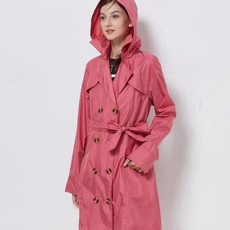 Fashion Women Lightweight Raincoat Poncho Ladies Waterproof Long Slim Raincoats Adults Outdoor Rain Jacket Hiking Windproof Rain Coat With Belt