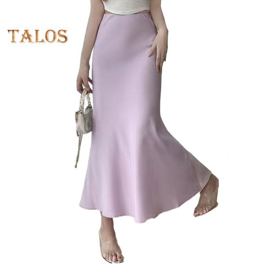 Women Fishtail Skirt High Waist Fishtail Hem Maxi Skirt Solid Color Retro Satin Texture Hip Wrapped Skirt