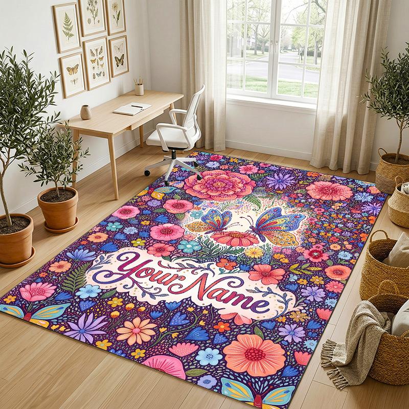 Floral Garden Theme Crystal Velvet Rug Personalized Custom Name Text Soft Floor Mat Home Decor