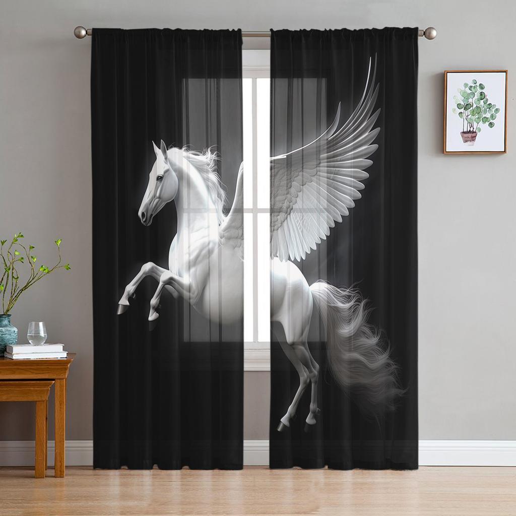 Black White Horse Watercolor Painting Tulle Sheer Window Curtains for Living Room Kitchen Children Bedroom Voile Hanging Curtain