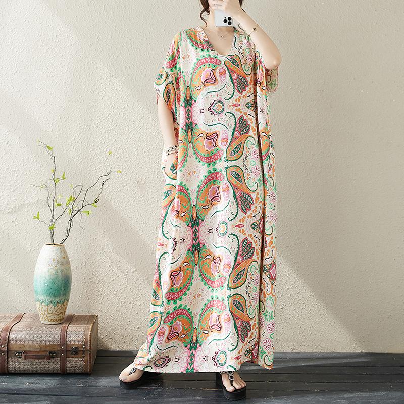 Dimanaf 2024 Plus Size Dress Women Summer V-Neck Sundress Bohemian Floral Print Loose Big Oversize Maxi Dress 5499