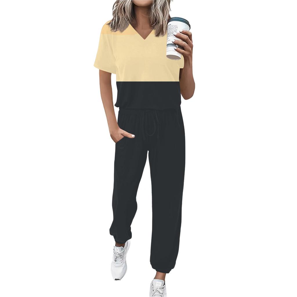 Женский спортивный костюм с V-образным вырезом и коротким рукавом, свободные брюки