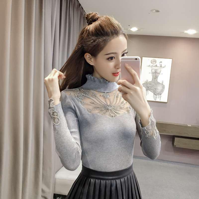 Pofulove Black Lace Sweater Women's Pullover Sweater Stretch Net Yarn Slim Was Thin Bottoming