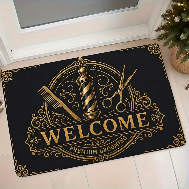 1pc Retro Barber Shop Style Welcome Welcome High-End Hair Care Flannel Mat Home Entrance Door Anti-Slip Dust-Removing Foot Mat