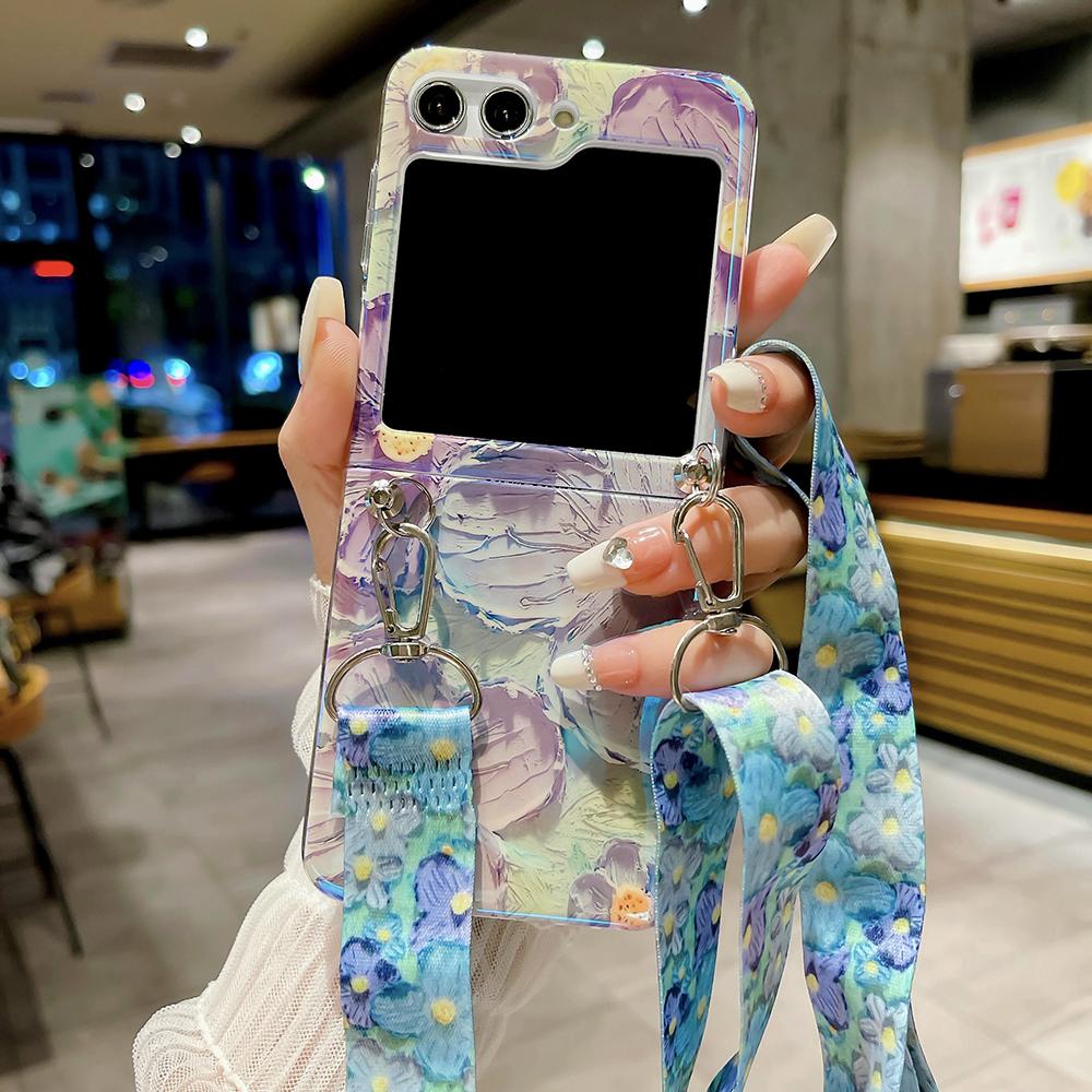 Чехол с ремешком через плечо с цветами и акварельными цветами для Samsung Galaxy Z Flip 5 4 3, милый глянцевый силиконовый чехол с цветочным принтом
