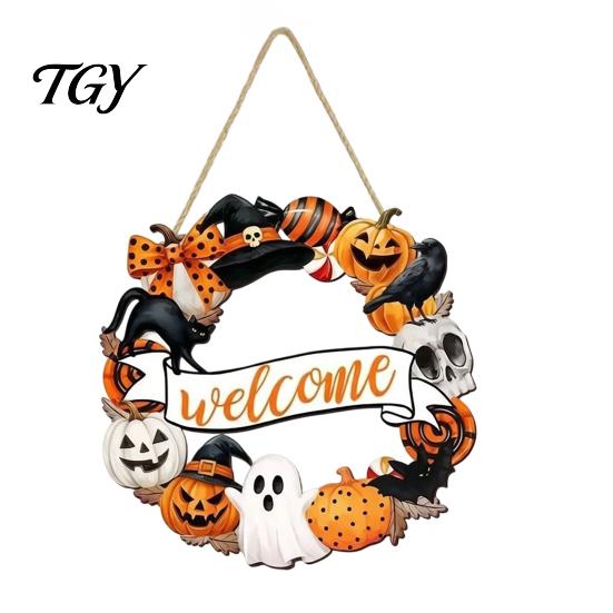 Fall Front Porch Signs Halloween Wooden Wreath Door Hanger Sign, Pumpkin Ghost Black Cat Witch Weatherproof Wall Decorations Bat Patterns, Hanging