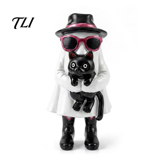Gifts for Cat Lovers Funny Halloween Ghost Figurine with Black Cat, Resin Statue Sunglasses Holiday Mantel Decor & Top Hat, Retro Ornament