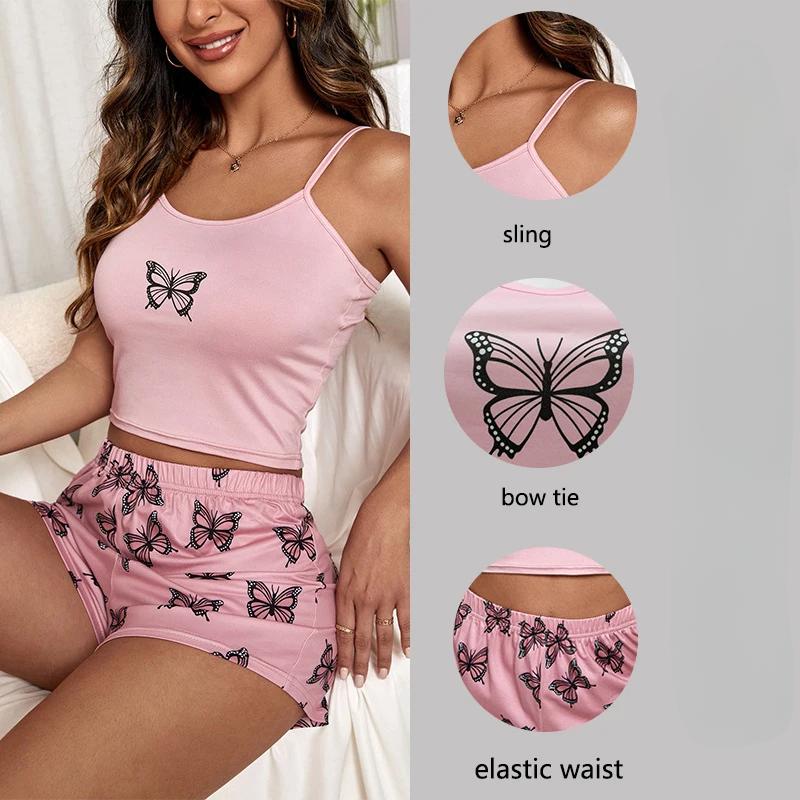 Комплект из двух предметов Топы и шорты Домашняя одежда Женская пижама Мягкий принт Бабочка Милый ветер Подтяжки Пижама для улицы Сексуальная