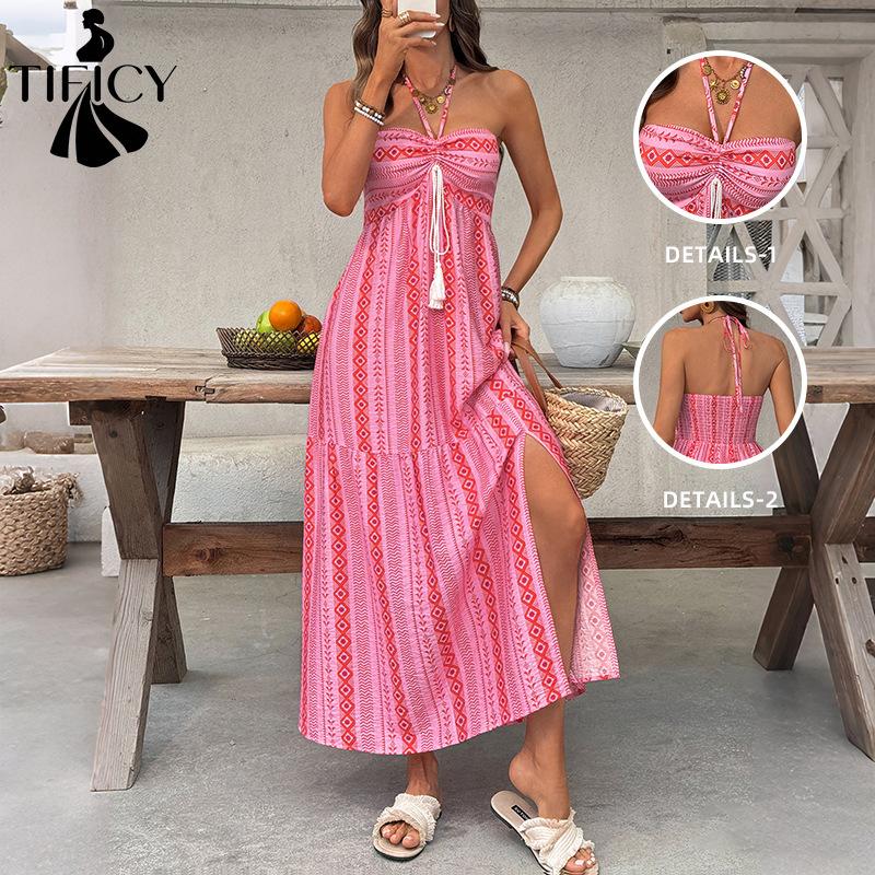 Women's Fashion Summer Spring Geometric Print Sleeveless Hanging Neck High Waist Casual Dresses