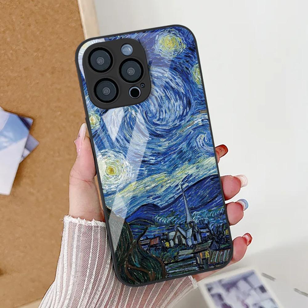 Закаленное Стекло Чехол Для Телефона Для iPhone 17 Pro Max 13 11 16 14 15 12 17 Air 16E XR X Xs 7 8 Plus Ударопрочный Чехол Масляная Живопись