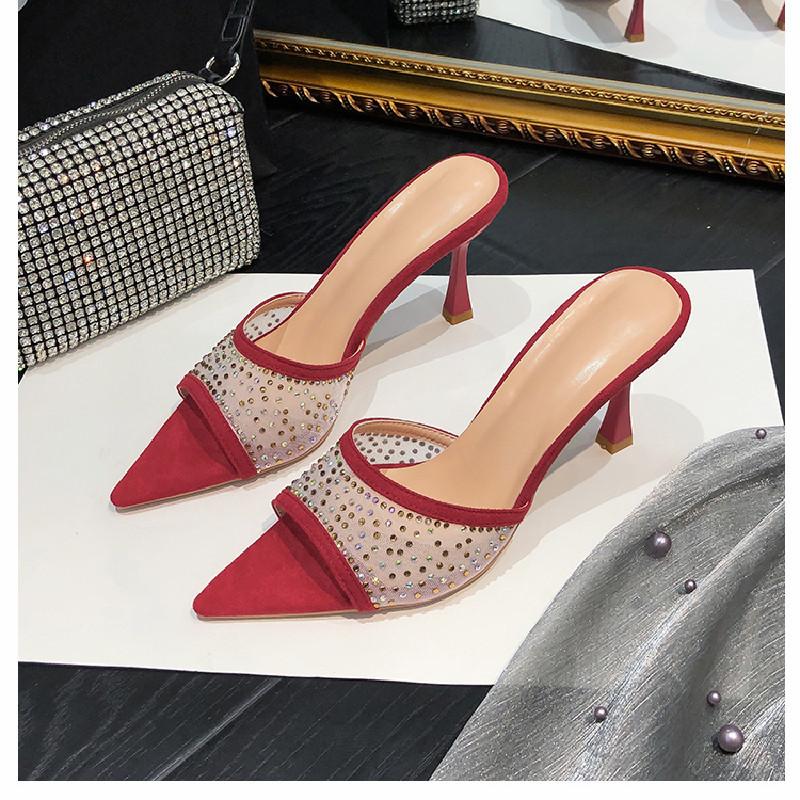 Модные женские туфли на высоком каблуке с рисунком «рыбьего рта» 2024 года, сетка, стразы, заостренный нос, модные туфли с открытым носком, на тонком каблуке, универсальные, Zapatos Mujer