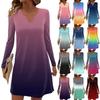 Women's Long-sleeved Casual Midi Dresses V-Neck Print Casual Dress