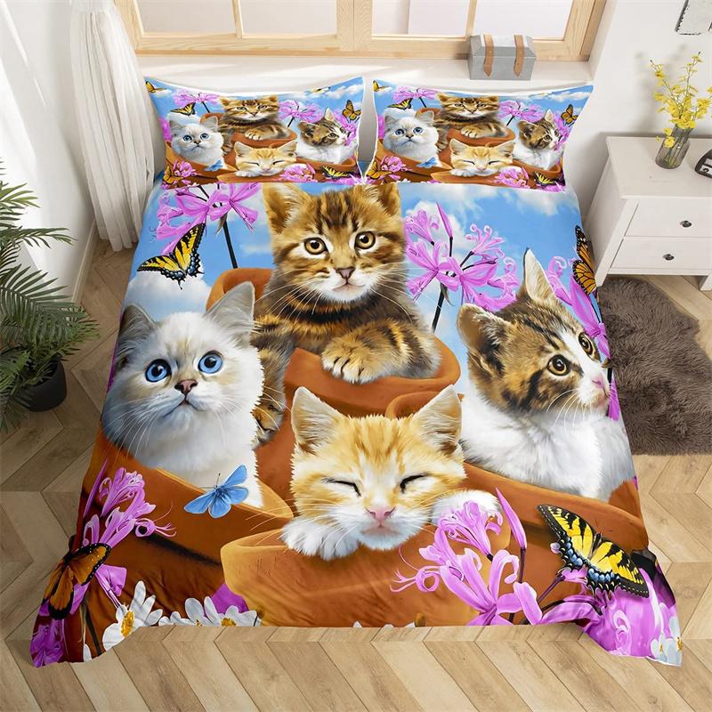 Детский комплект постельного белья с изображением кошек, двухспальный комплект постельного белья с 3D-изображением животных из мультфильма, микрофибра, милый чехол для питомца, для девочек и мальчиков, любителей кошек