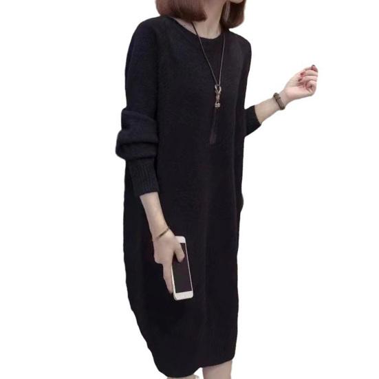 Женское платье-свитер с круглым вырезом, вязаное однотонное свободное эластичное платье с длинными рукавами и толстым теплым пуловером длиной до середины икры, женское осеннее платье миди