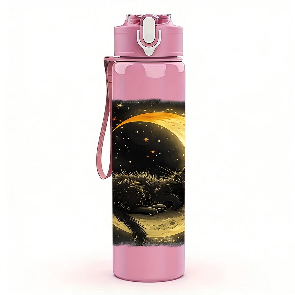 1PC Dark Moon Star Night Sky Print 750ml Color Plastic Sports Water Bottle Leakproof Flip Straw Lid Suitable for Sports Office Home Use