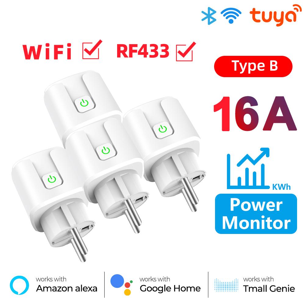 Tuya Wifi Rf433 Eu Smart Socket Plug Outlet 16a Adapter Power Monitor Wireless Remote Control App For Google Home Alexa