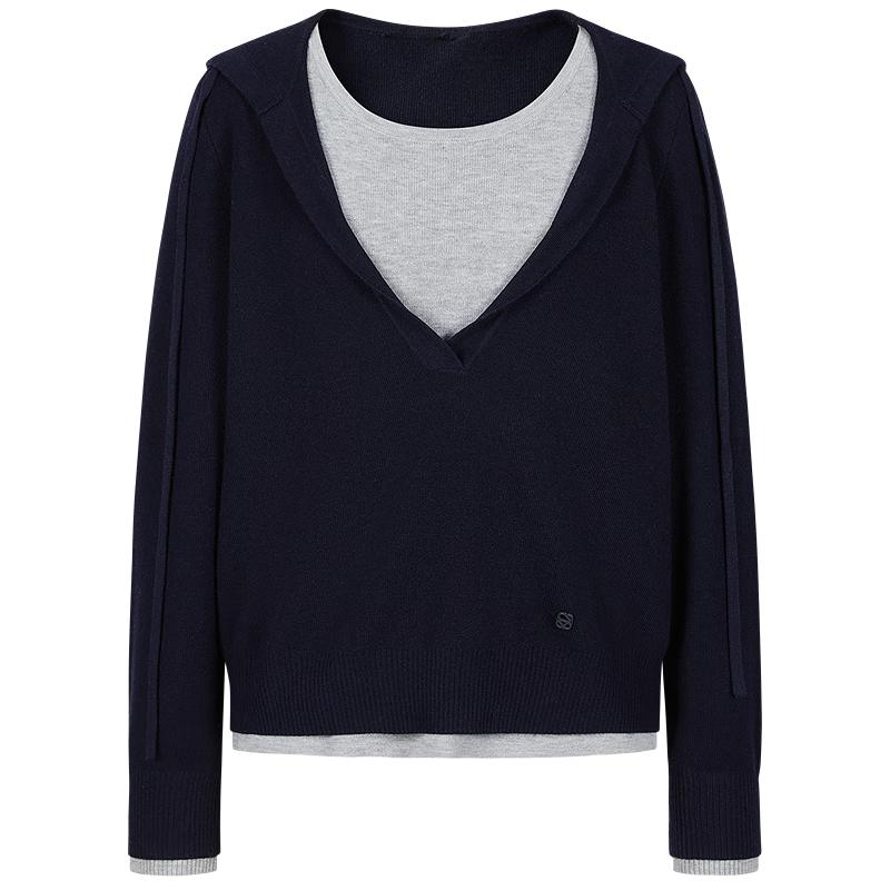 Женский вязаный свитер JiuZi·AnnaCo серии MIU из смесовой шерсти с капюшоном, имитирующий двухслойный