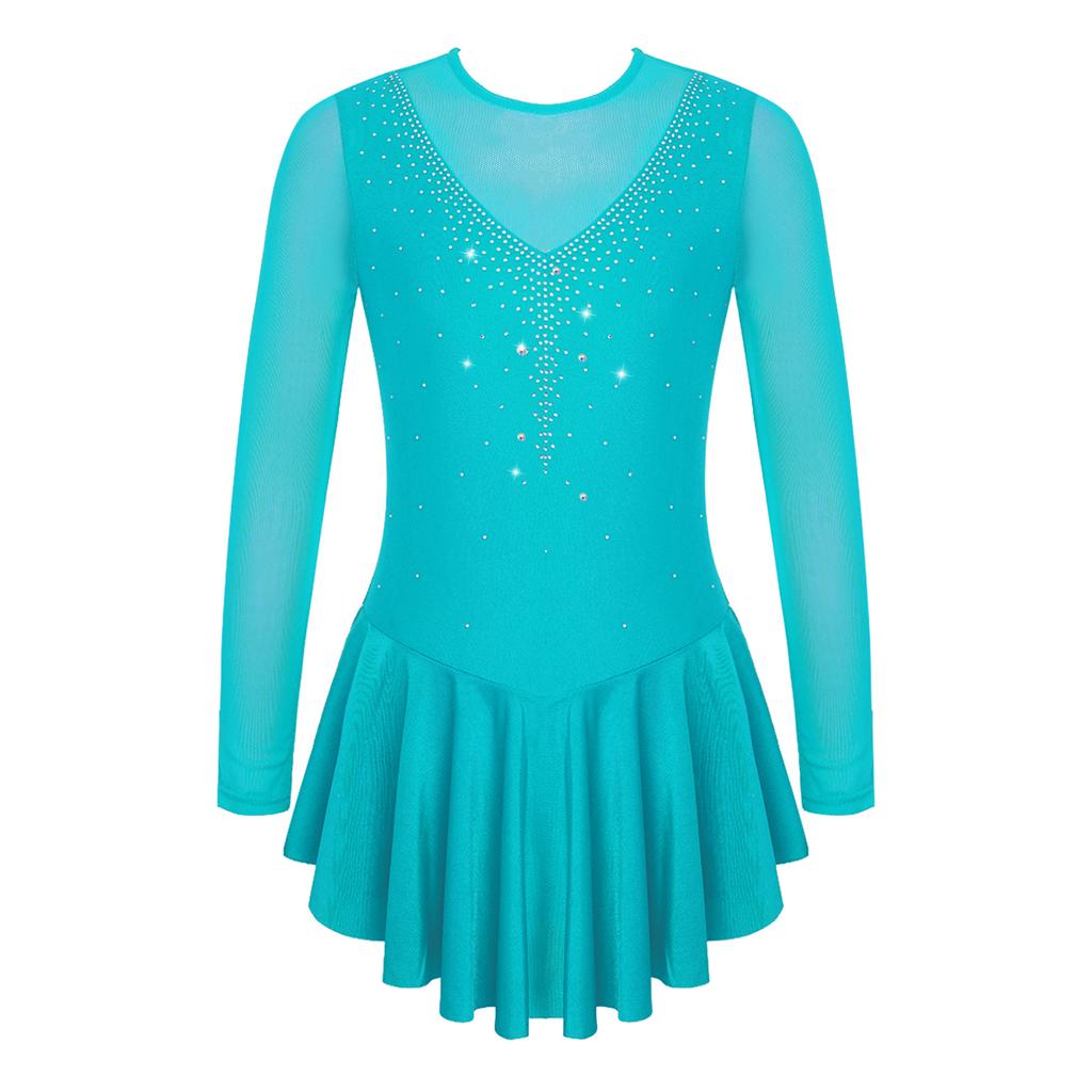 Kids Girls Stylish Dress Long Sleeve Sparkly Rhinestone Patchwork Style Gymnastics Leotard Dress Dancewear