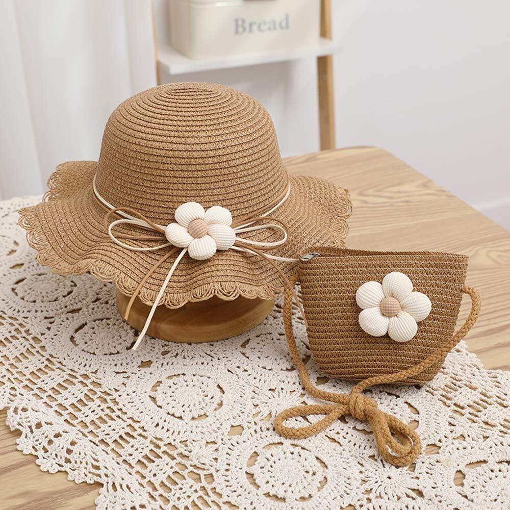 Breathable Kids Straw Cap Bag UV Protection Beach Cap Outdoor Bucket Hat Children Girls