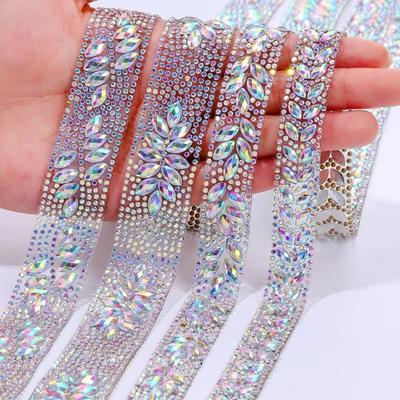 1 ярд/90 см Самоклеящаяся тесьма со стразами, разноцветные, цвет Crystal AB, лента для отделки стразами, для приклеивания утюгом, DIY, лента со стразами