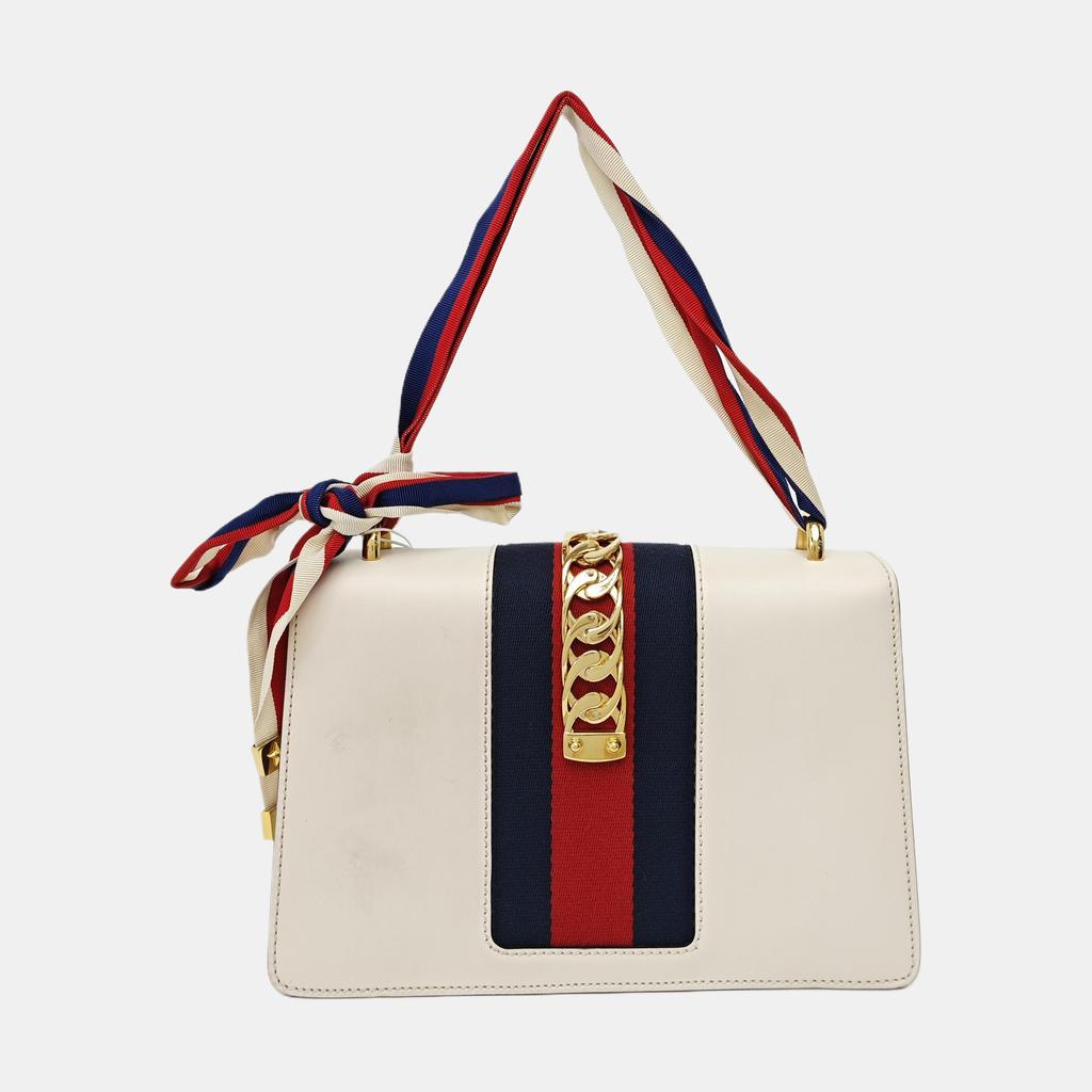 [Pre-Owned] Sylvie Gold Buckle Striped Web Satin Bow Wide Shoulder Strap Leather Handbag - Excellent #TNR67O
