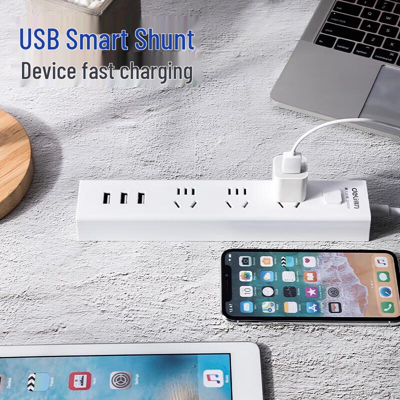 Deli Удлинитель с 3 розетками и 3 USB-портами для быстрой зарядки