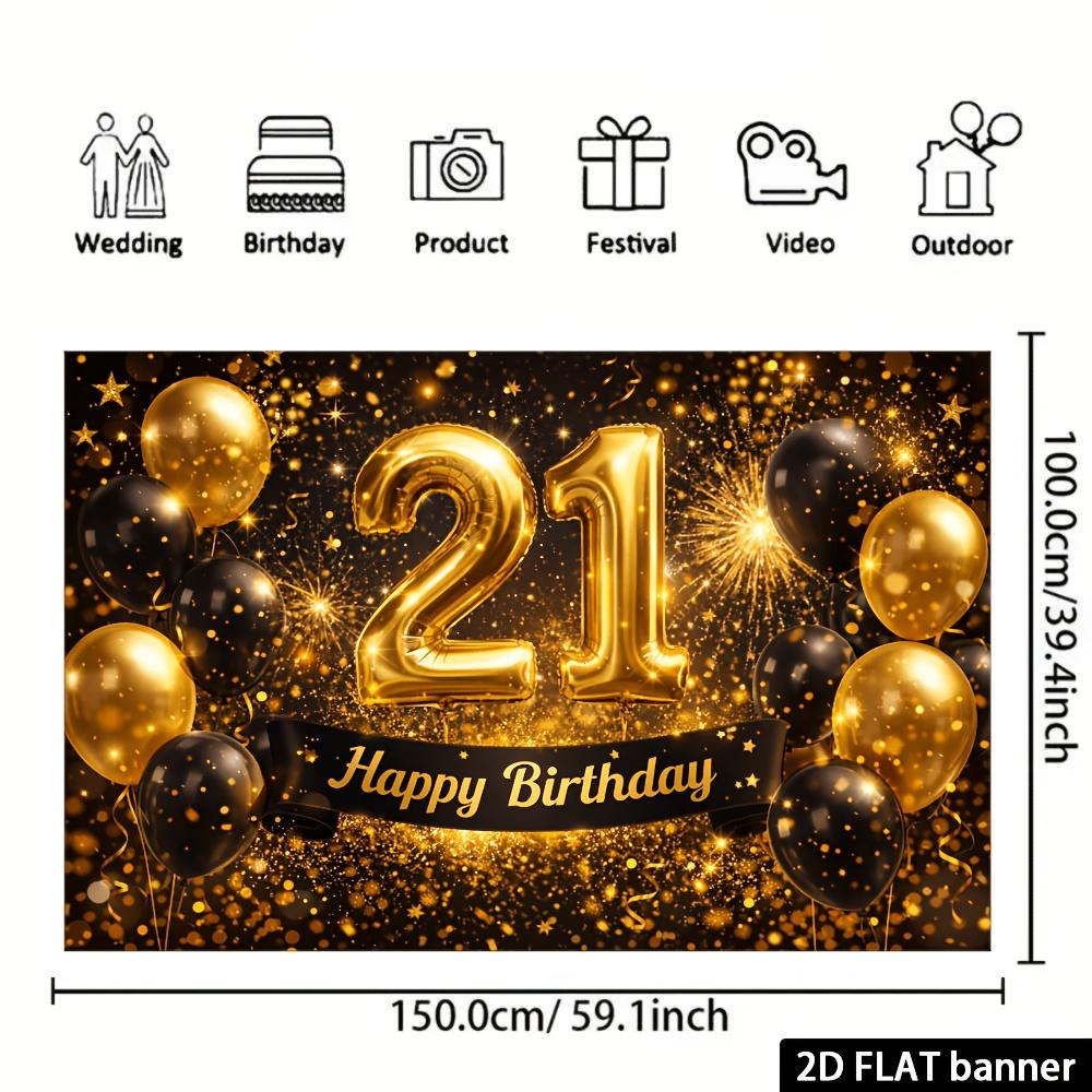21st Birthday Party Banner Backdrop, Black Gold Number 21 Balloon Happy Birthday Ribbon, Polyester, No Power, Party Decor
