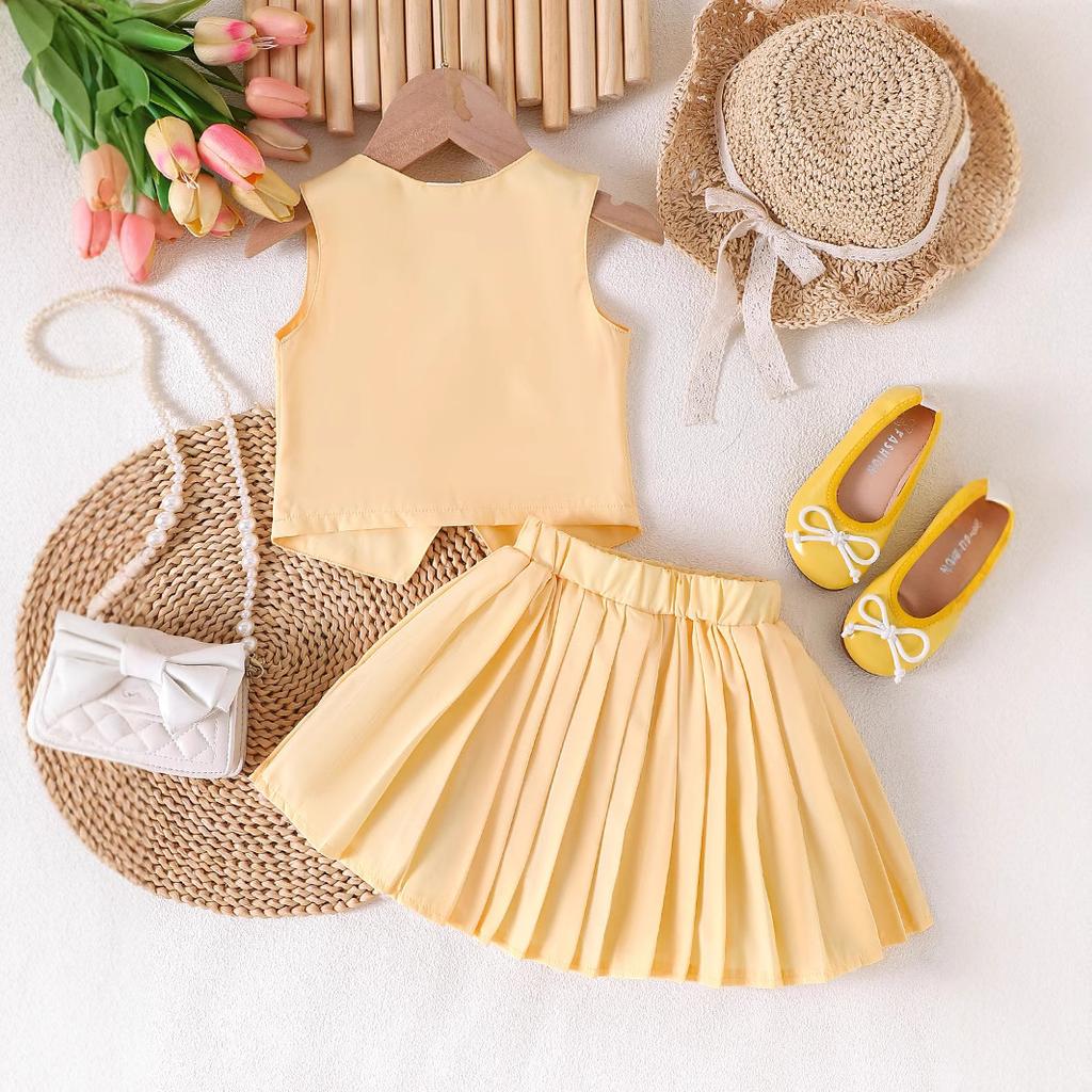 Children's Fashion Suit 2025 Summer Girls V-neck Sleeveless Coat Vest Pleated Skirt Two-piece Suit