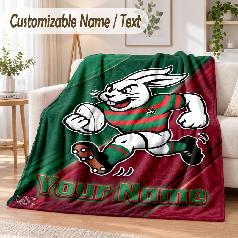 Custom Text Flannel Blanket South Sydney Rabbitohs Print Warm Cozy Blanket Home Sofa Bedding