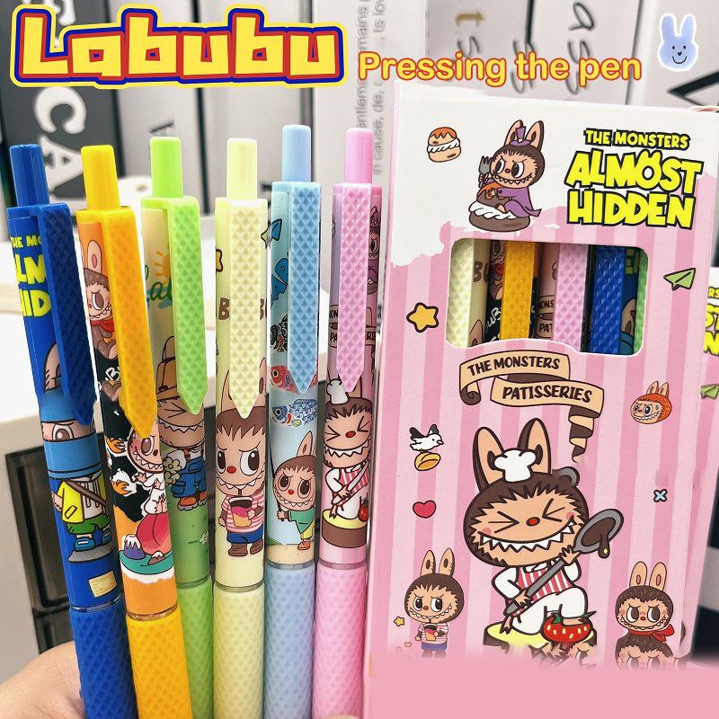 6Pcs Kawaii Gel Pen Labubu Monster Cartoon Neutral Pen Quick Drying Pen Student Examination School Office Supplies Stationery