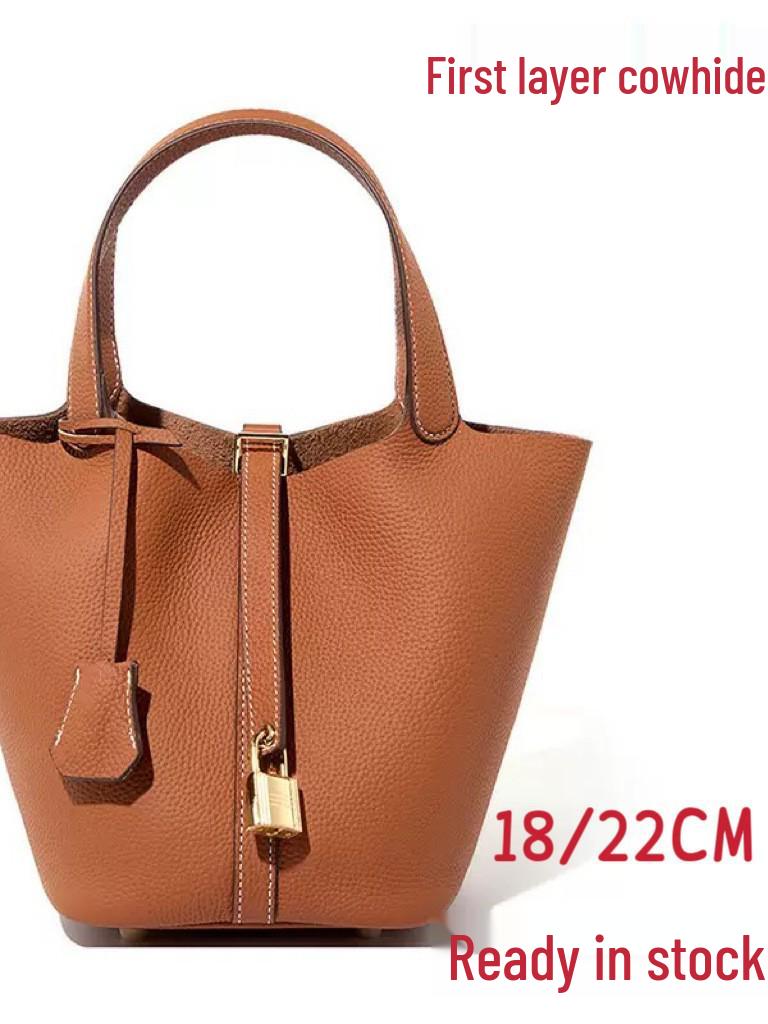 Women's Genuine Leather Bucket Bag - Top Layer Cowhide, Versatile Vegetable Basket Handbag