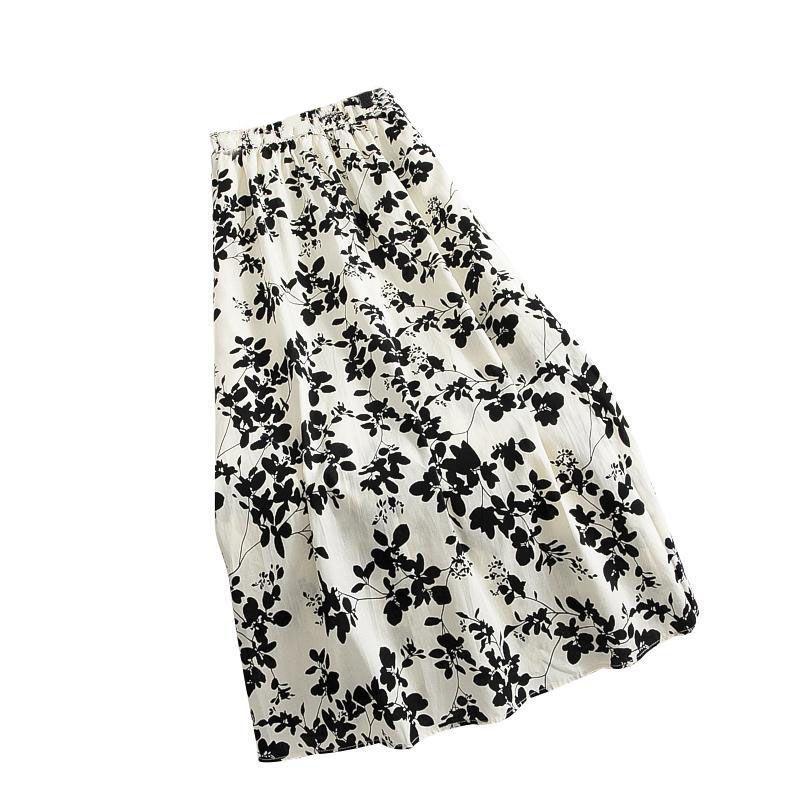 Black and White Floral Skirt Women's Mid To Long Style Small Height High Waist A-line Fresh Floral Skirt