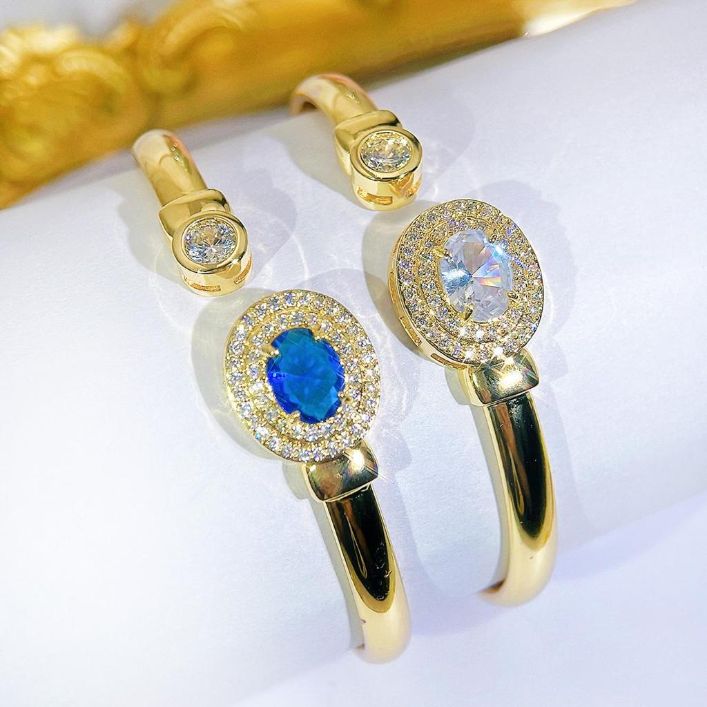 CMM Modern Jewelry European Fashion Sapphire Color Zircon Opening Adjustable Bracelet Bangle Golden Woman All-Match Jewelry Accessories