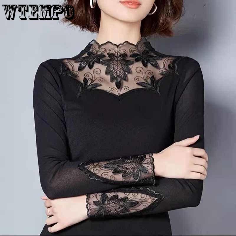 Lace T-shirt Women's Spring and Autumn Mesh Backing Shirt Women's Warm High Elastic T-shirt Slim Fit Top