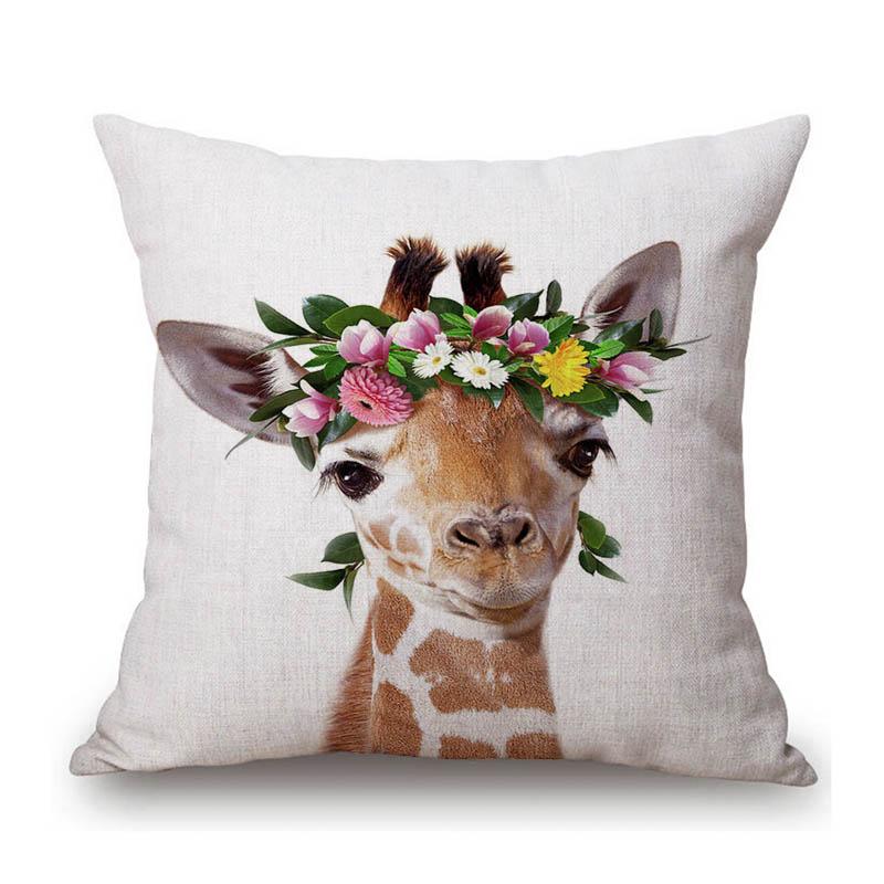 Lovely Cute Baby Animals Flower Wreath Giraffe Tiger Bunny Children Room Decative Sofa Pillow Case Cotton Linen Cushion Cover