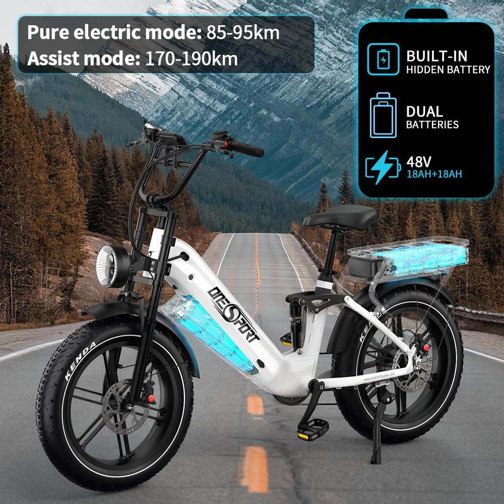 ONESPORT OT08 pro Electric Bike 48V 36AH Dual Battery System up to 40 Km/h Speed 20 Inch Fat Tire with Hydraulic Brakes And App Control