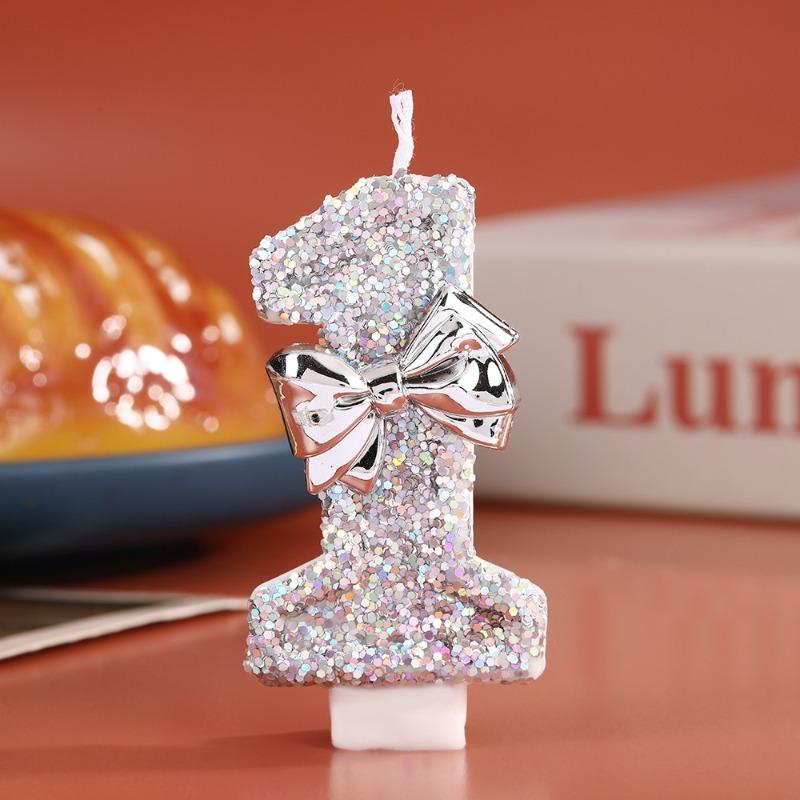Digital Birthday Candle Silver Sequin Bow Party Decoration Creative 0-9 Number Candles Birthday Cake Plugin for Party Supplies