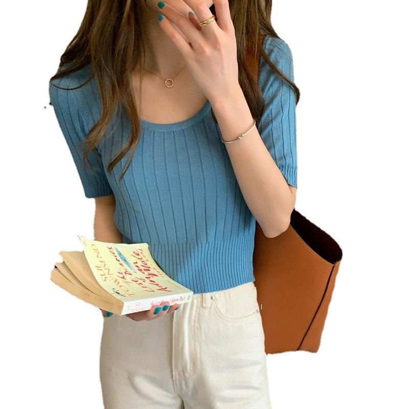 Футболка с французской талией, летняя женская, новая, с U-образным вырезом, из тонкого шелкового трикотажа, с коротким рукавом, с квадратным вырезом, короткая рубашка