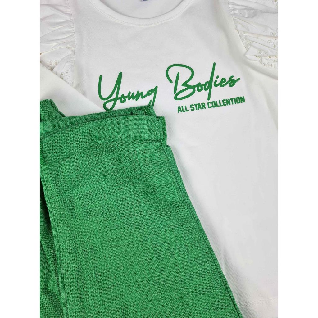 Льняной брючный костюм для девочек с кружевными рукавами для молодых людей