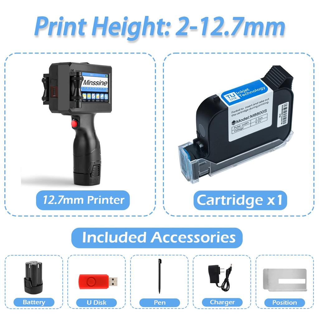 Portable 12.7mm Handheld Inkjet Printer QR Barcode Batch Number Logo Expiry Date Label Printer Gun 25 Languages Non-encrypted