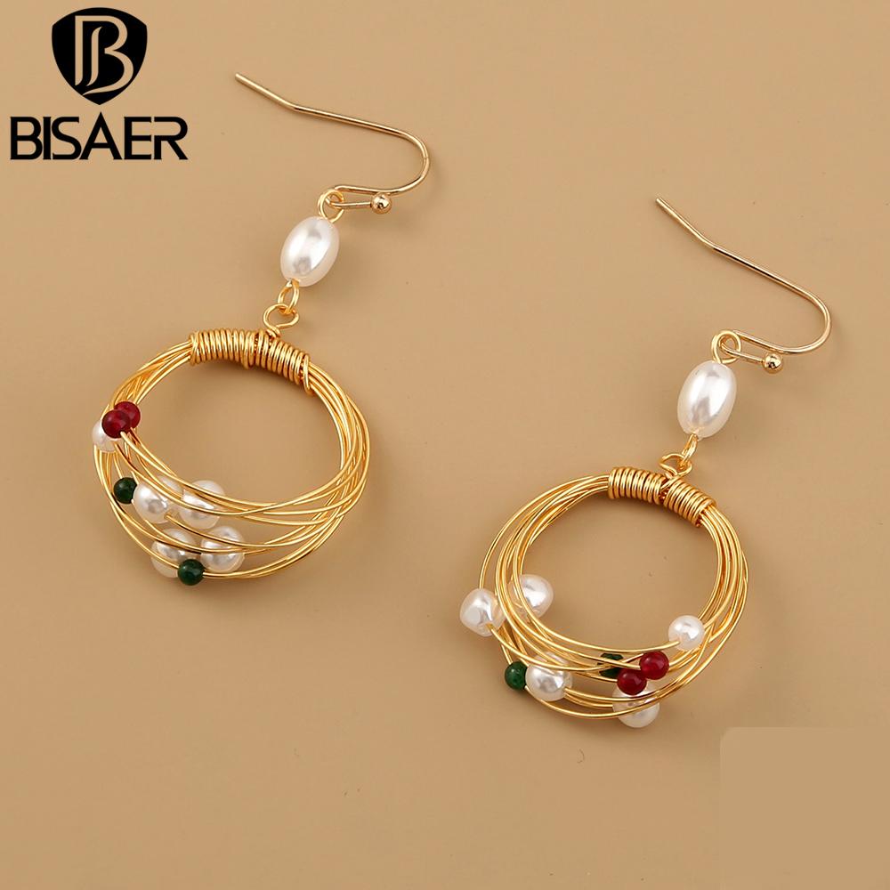 Bisaer Exquisite Elegant Imitation Pearls Circle Stud Earrings for Women Jewelry