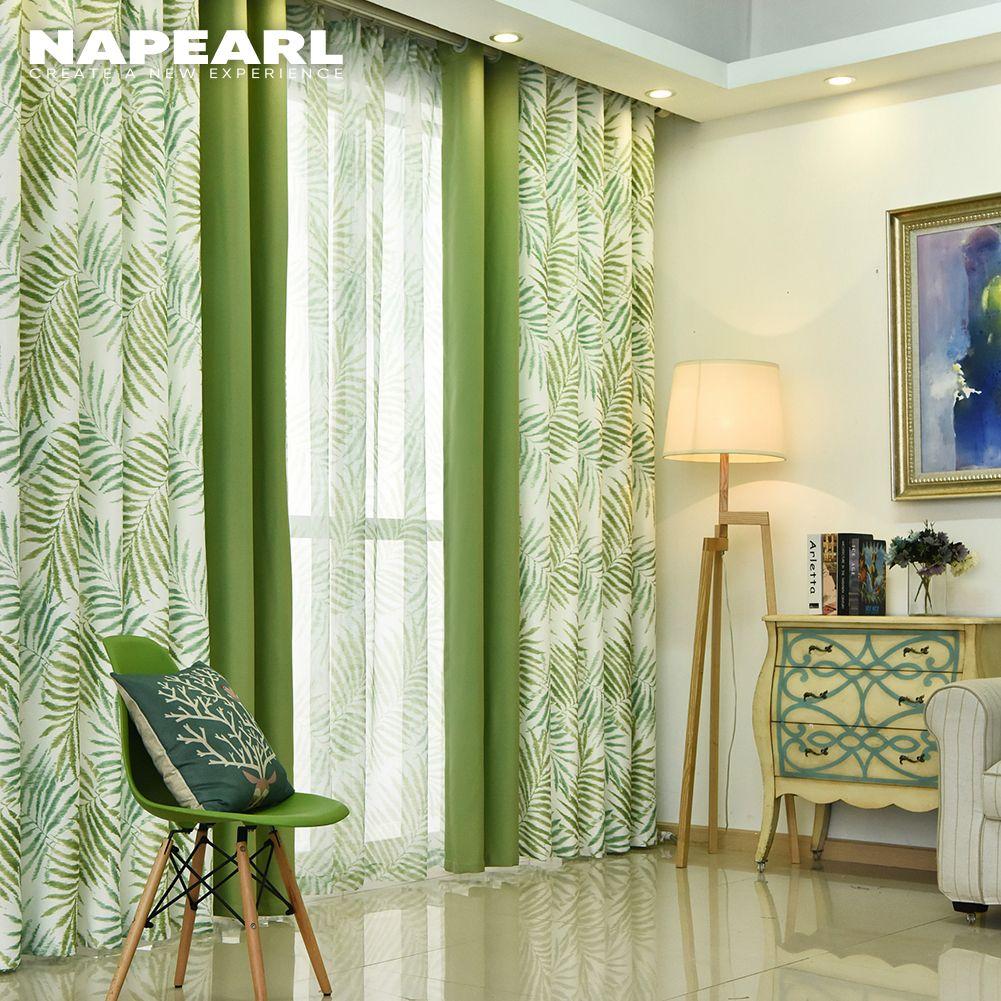 1PC Summer Curtains Green Curtain Printed Leaves Blackout for Seaview Room French Window NAPEARL