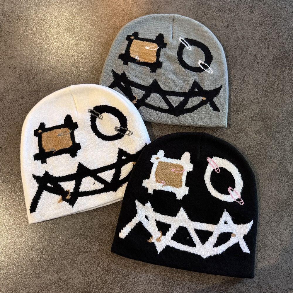 Winter Warmth Printed Pin Beanie High Elasticity Ghost Mask Cap Demon Face Hat Music Festival