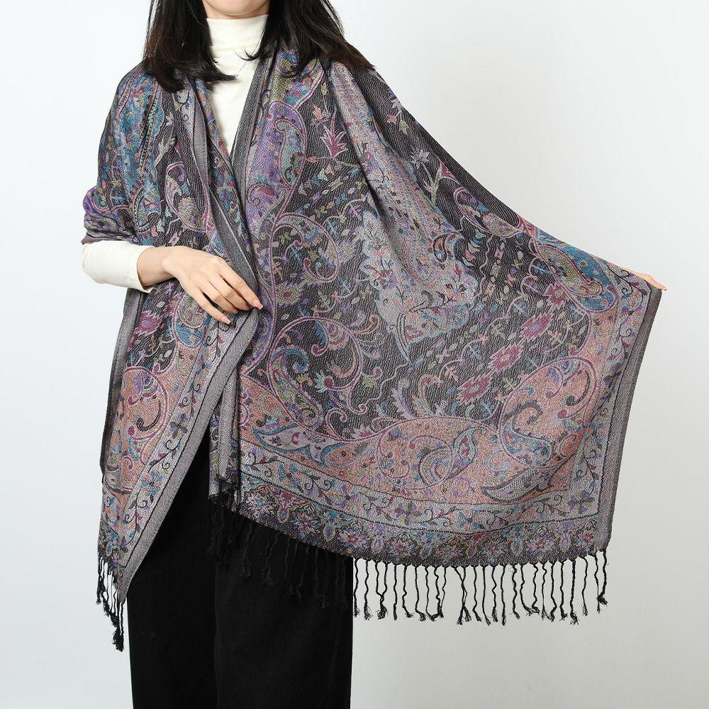 Ethnic Style Women Jacquard Scarf Cotton Print Long Wrap Shawl Casual Fringed Scarves