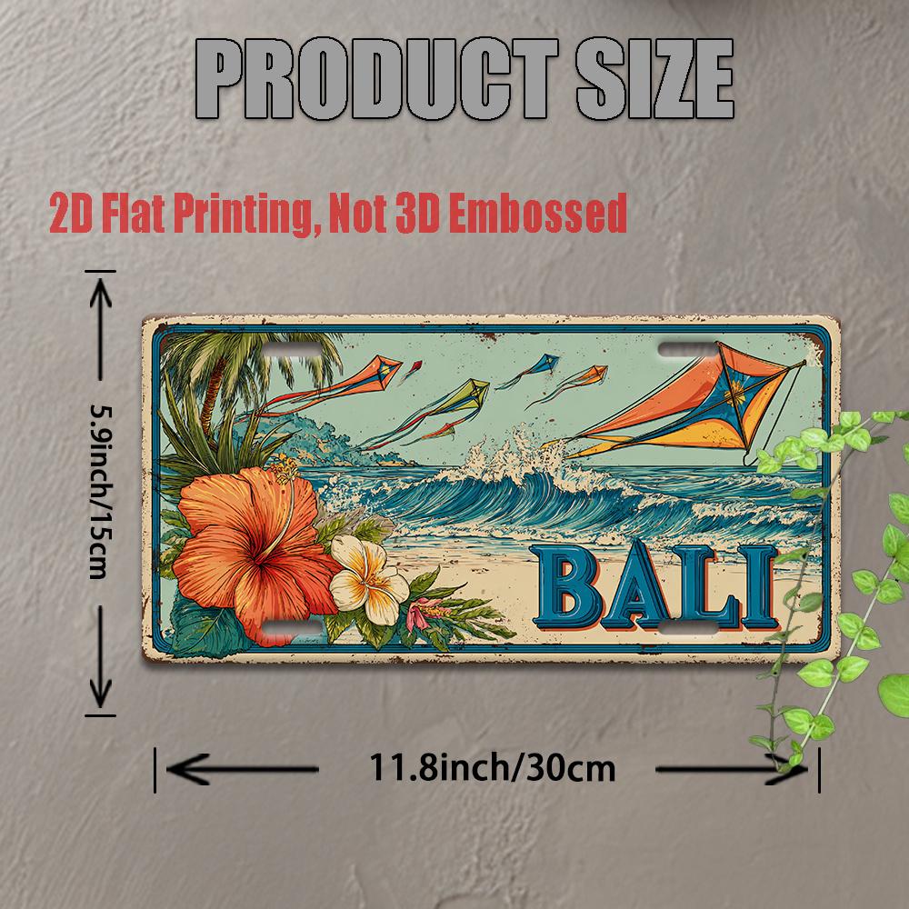 Printing, , Vintage Metal License Plate, Outdoor Wall Art , BALI Aluminum Sign with Tropical Surf and Kite Scene, Great for H