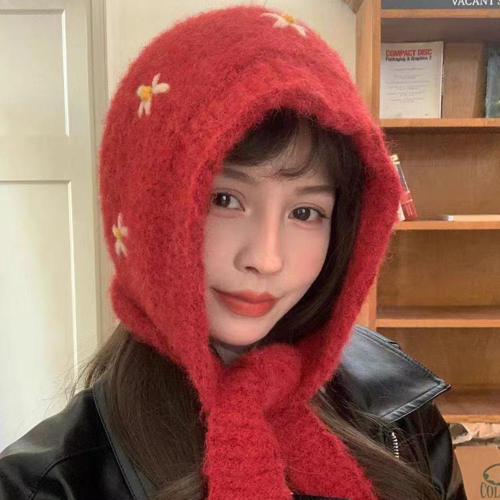 Embroidered Flowers Knitted Balaclava Hat Sweet Pullover Cap Casual Neck Collar Beanies Cap Female