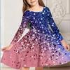 Girl Casual 3D Shining Stars Print Round Neck Long Sleeve Dress Kid Princess Dress Without Sequins